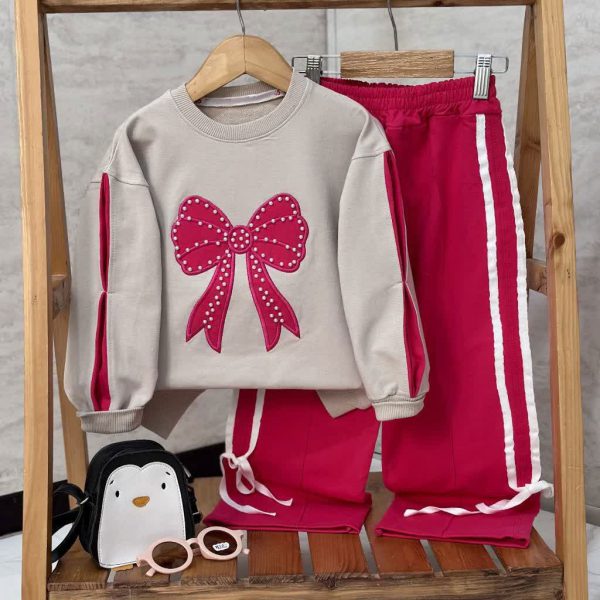 بلوز شلواردخترانه پاپیون مرواریدی سرخابی