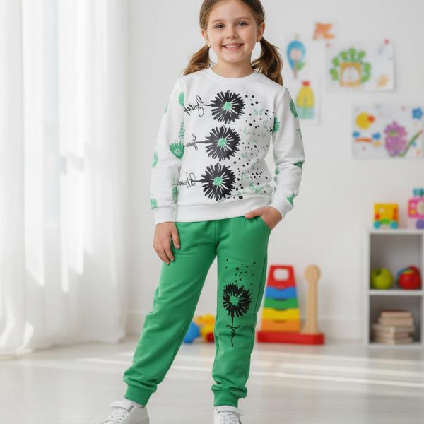 بلوز شلوار دخترانه سه گل صورتی سبز