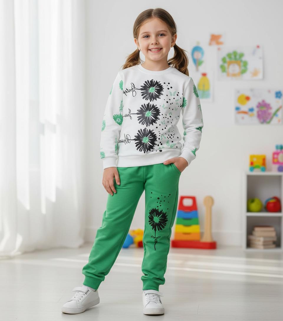 بلوز شلوار دخترانه سه گل صورتی سبز