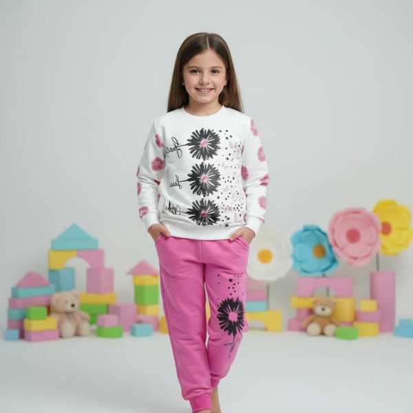 بلوز شلوار دخترانه سه گل صورتی