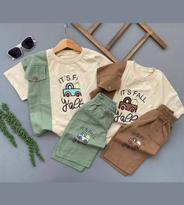 تیشرت شلوارک کتان طرح ماشین پسرانه