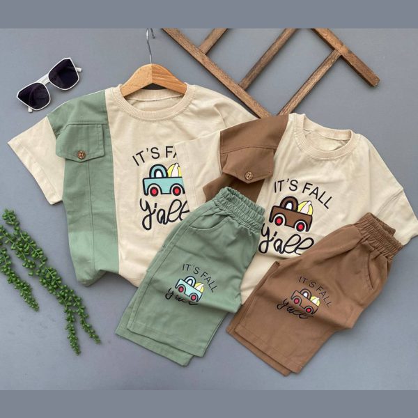 تیشرت شلوارک کتان طرح ماشین پسرانه