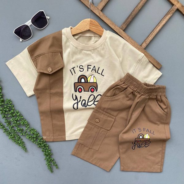 تیشرت شلوارک کتان طرح ماشین پسرانه