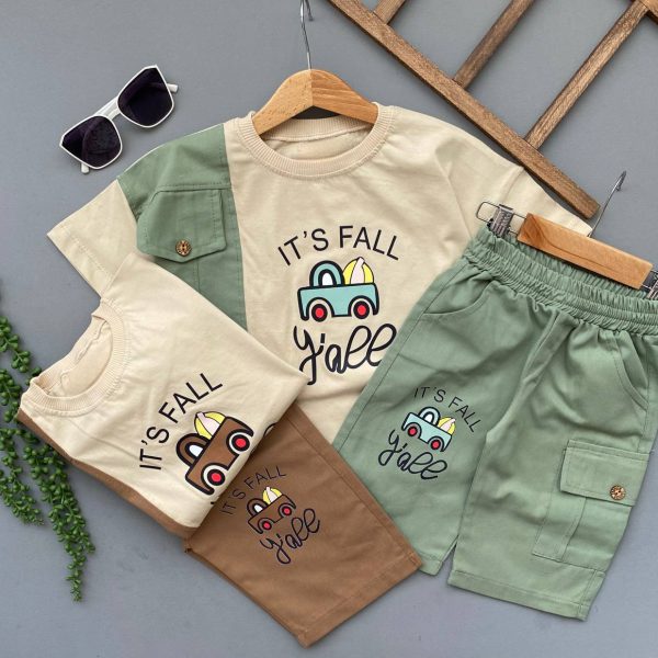 تیشرت شلوارک کتان طرح ماشین پسرانه