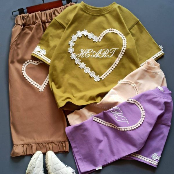 تیشرت شلوارک قلب وگل دخترانه