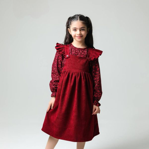 ست دو تیکه شومیز سارافون مخمل کبریتی مناسب دو تا 8 سال