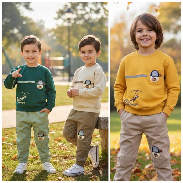 بلوز شلوار کتان خرسی جیب دار پسرانه