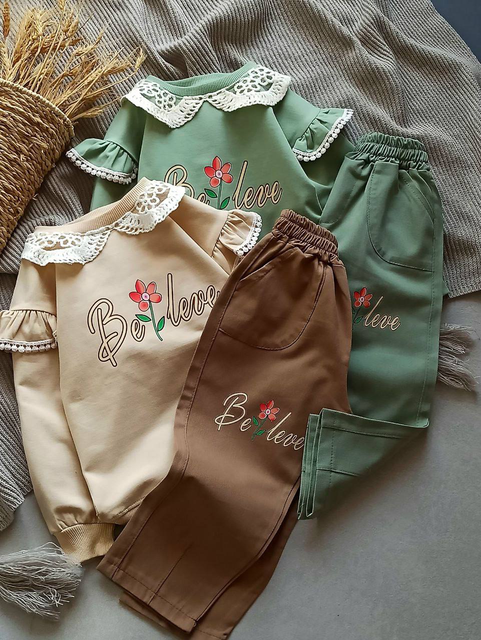 بلوز شلوار کتان یقه B دخترانه سایز 40 تا 60