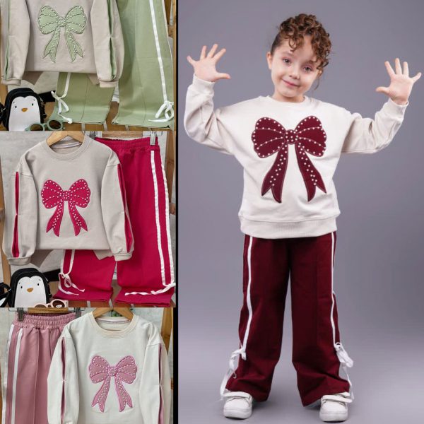 بلوز شلواردخترانه پاپیون مرواریدی در رنگهای زرشکی -سرخابی - سبز-صورتی