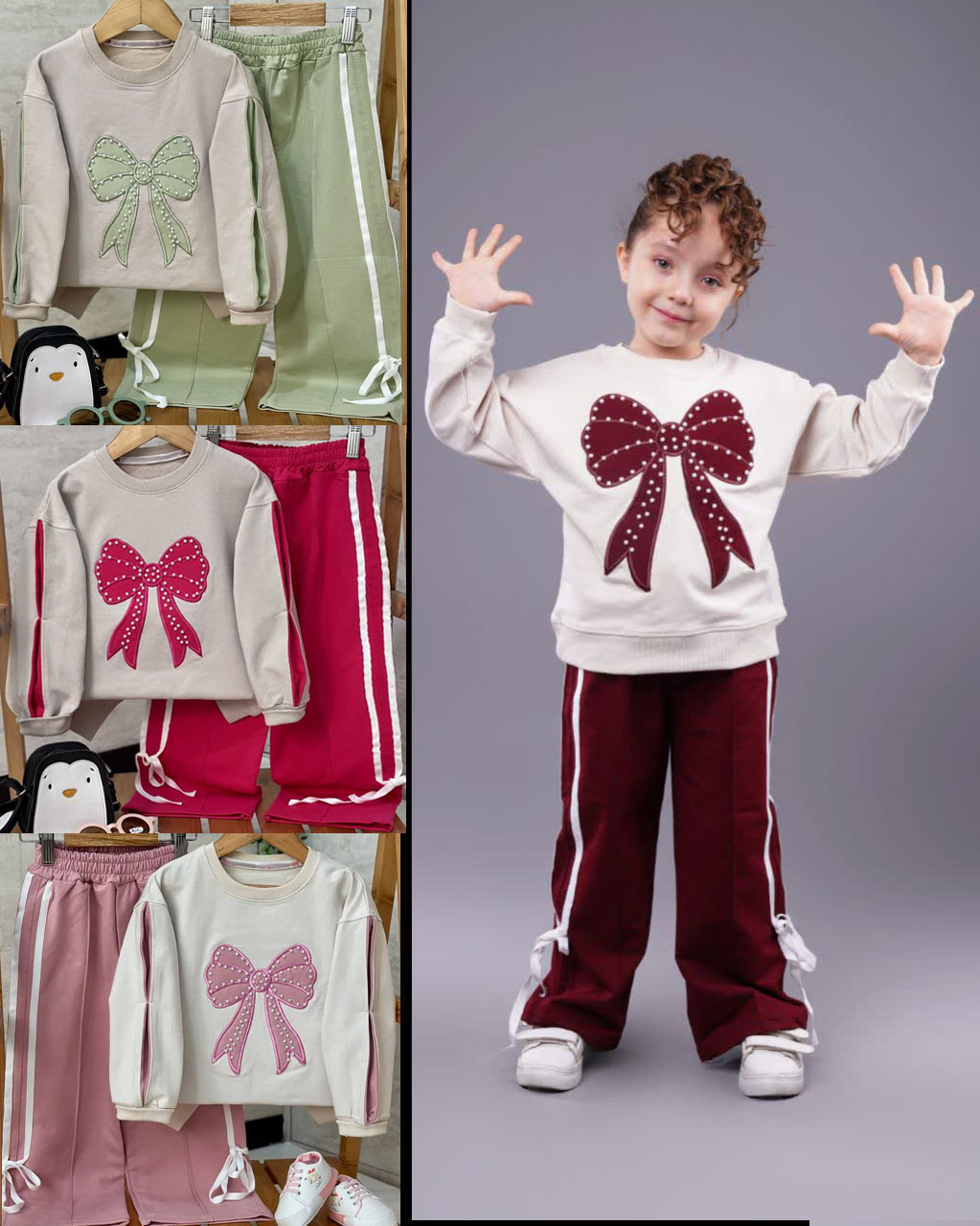 بلوز شلواردخترانه پاپیون مرواریدی در رنگهای زرشکی -سرخابی - سبز-صورتی